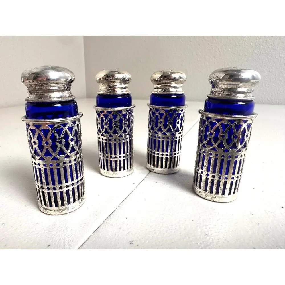 VIntage William Adams salt & pepper shaker set of 4 cobalt blue & silver plated